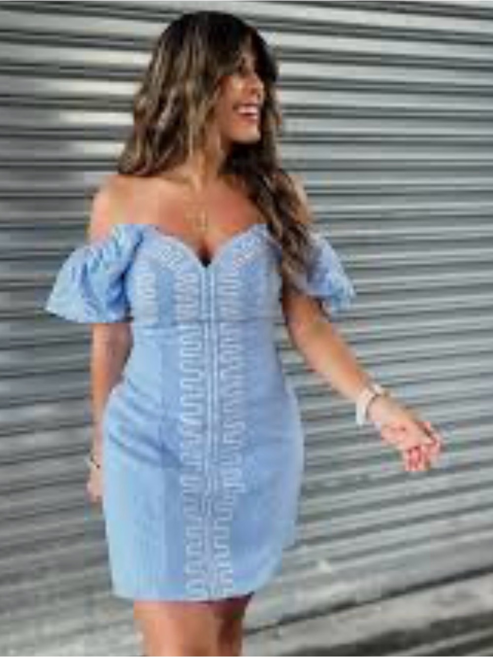 Sweetheart Off-Shoulder Light Blue Embroidered Mini Dress - Picture 1 of 9